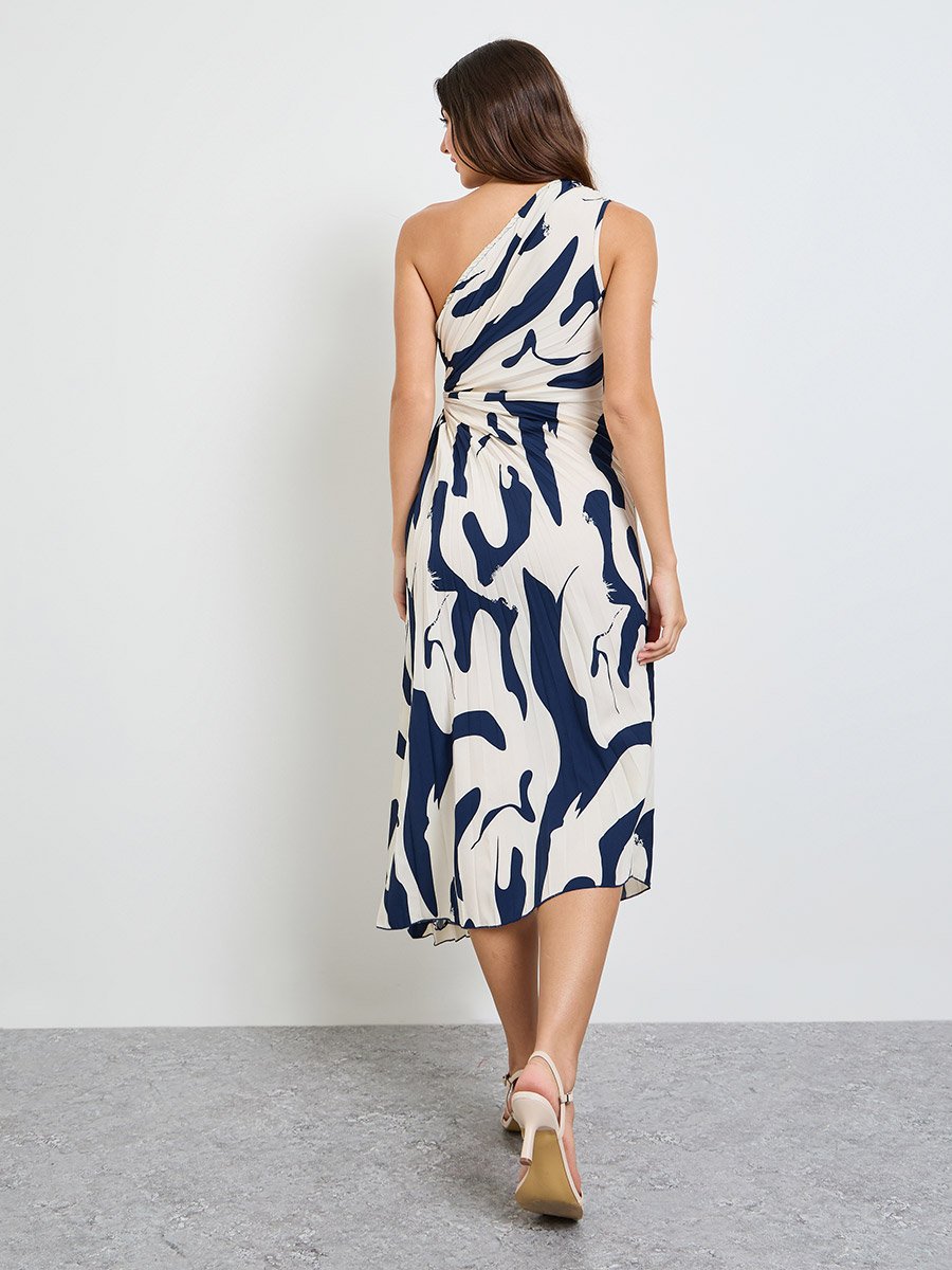 Navy Blue One Sleeve Midi Dress with Ruched Detail