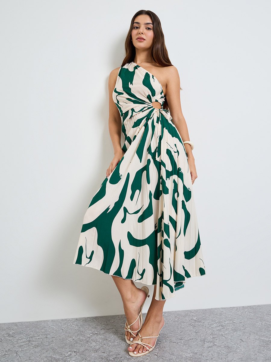 Cream One Sleeve Midi Dress with Ruched Detail