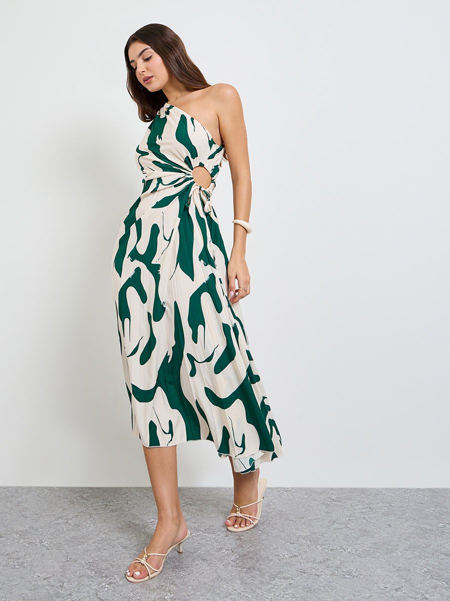 Cream One Sleeve Midi Dress with Ruched Detail