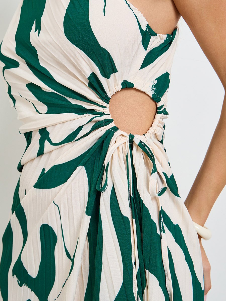 Cream One Sleeve Midi Dress with Ruched Detail