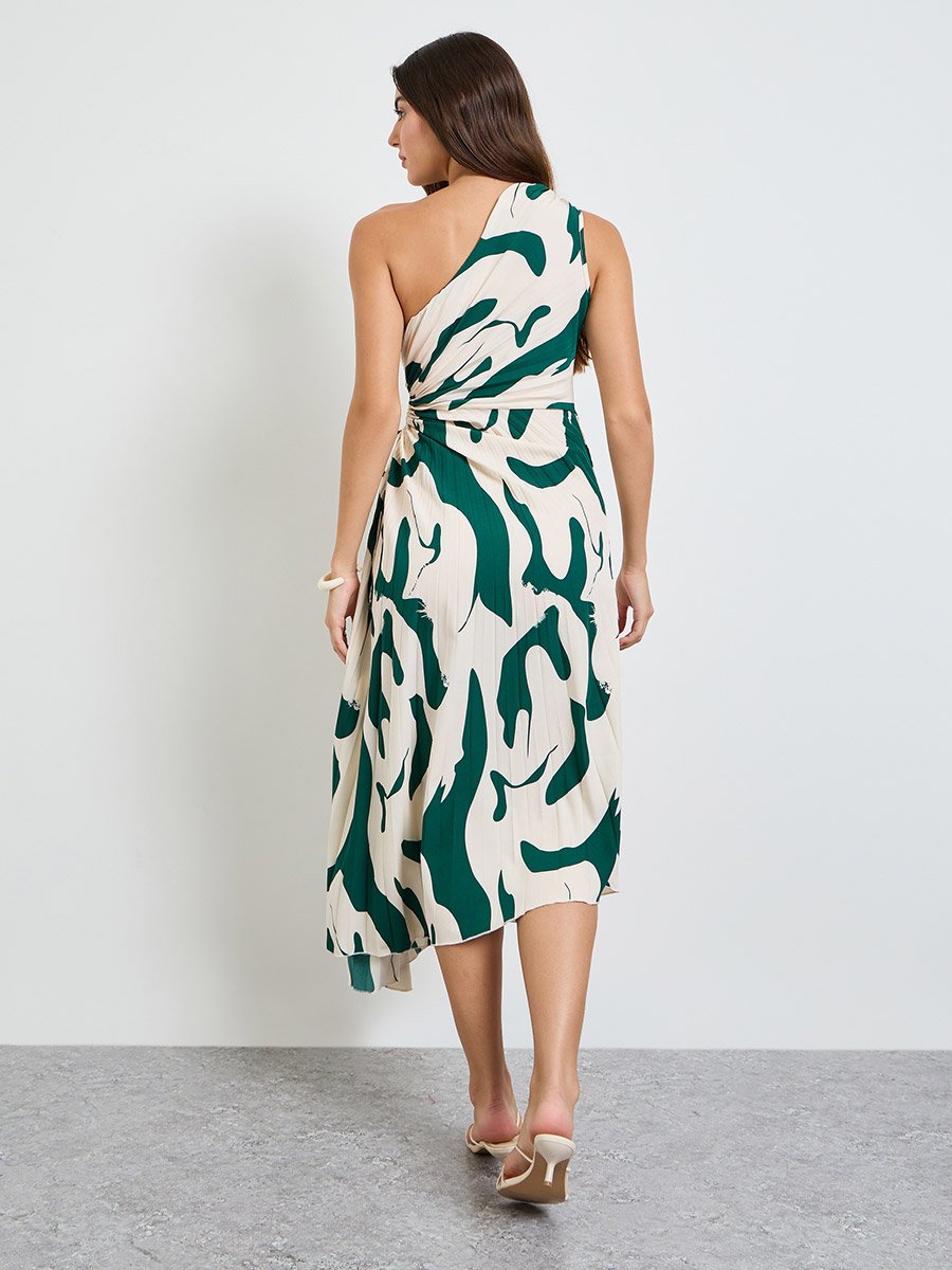 Cream One Sleeve Midi Dress with Ruched Detail