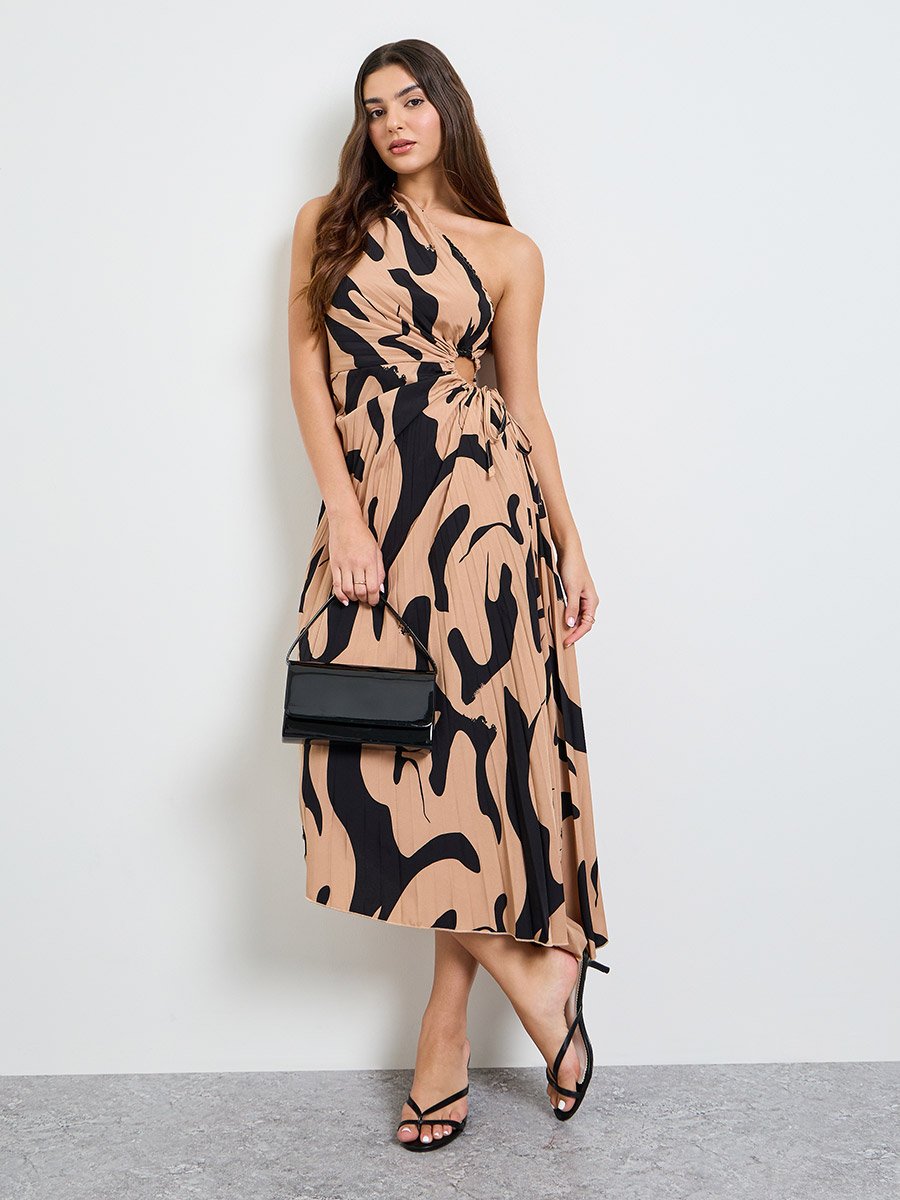 Brown One Sleeve Midi Dress with Ruched Detail