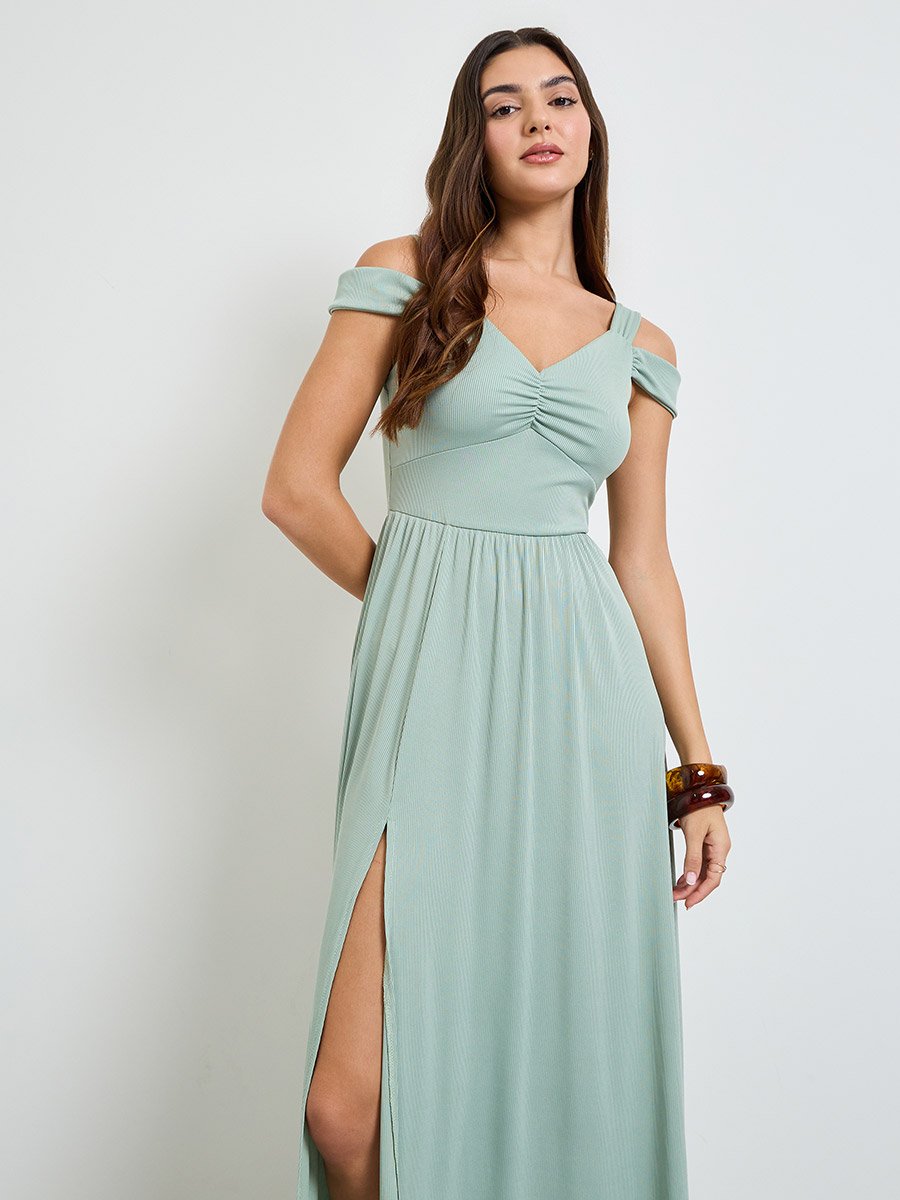 Green Cold Shoulder Sleeve Slit Maxi Dress