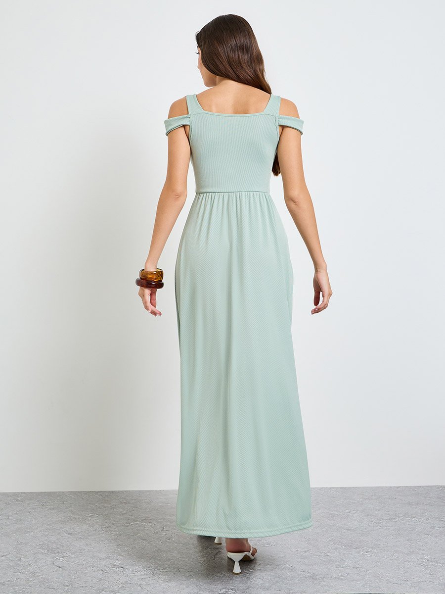 Green Cold Shoulder Sleeve Slit Maxi Dress