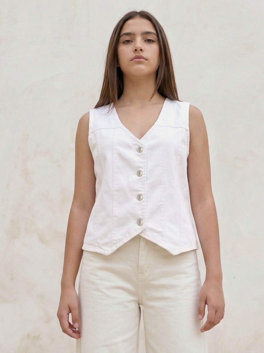 Cotton Denim Sleeveless Waistcoat with V Neck