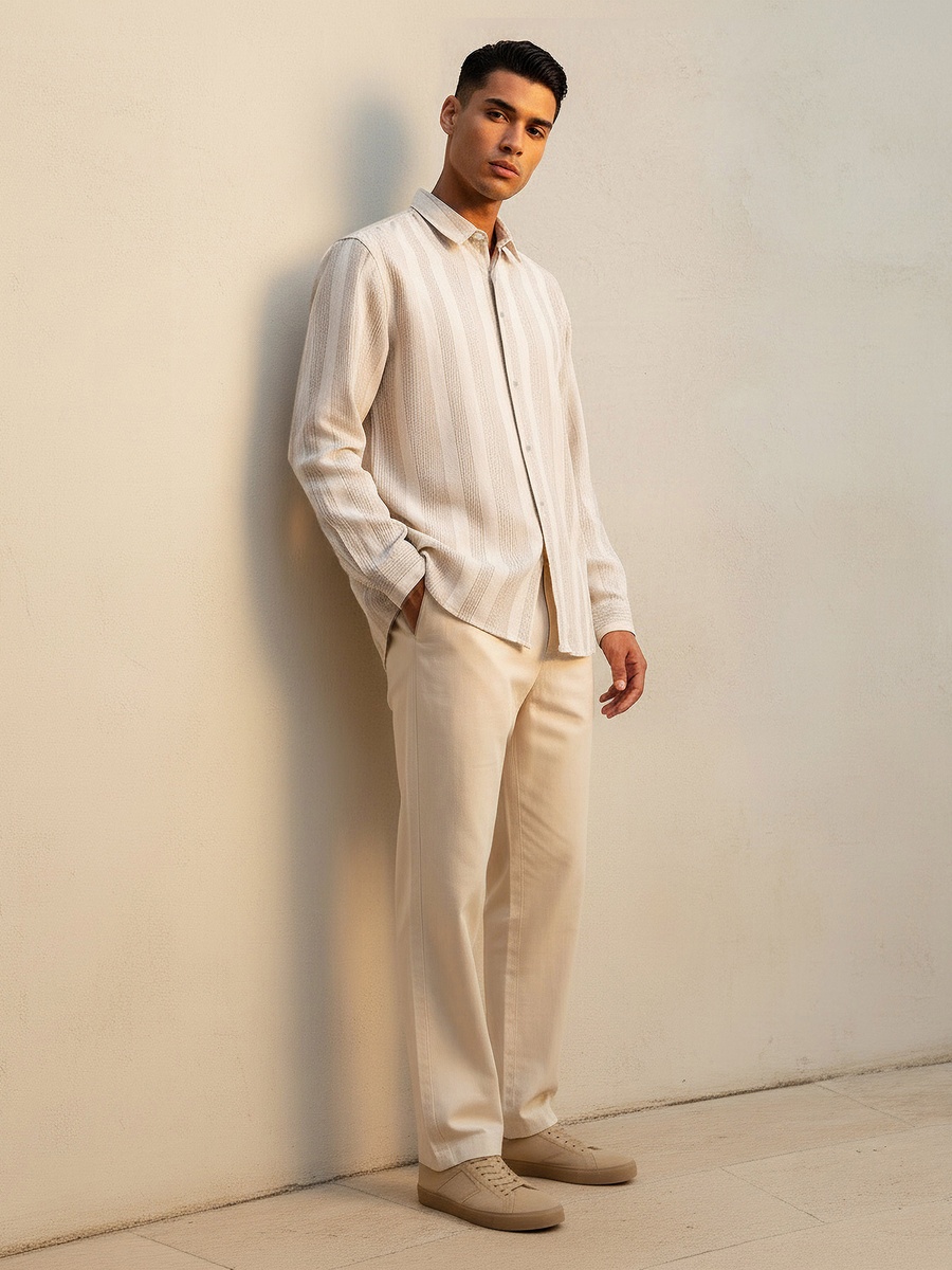 Men Regular Fit Collared Jacquard Striped Long Sleeves Shirt