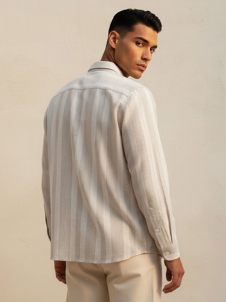 Men Regular Fit Collared Jacquard Striped Long Sleeves Shirt