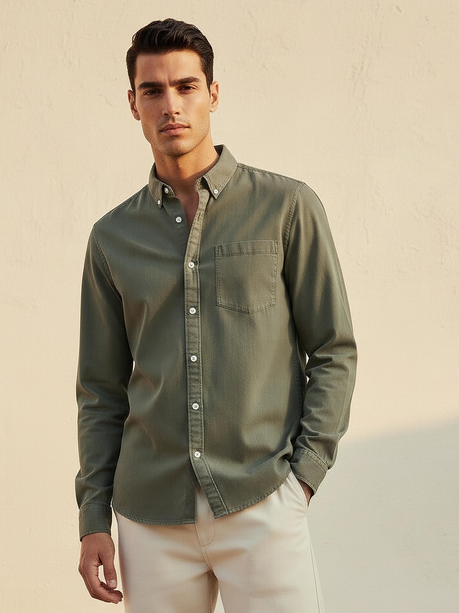 Men Regular Fit Button-Down Collar Long Sleeves Denim Shirt