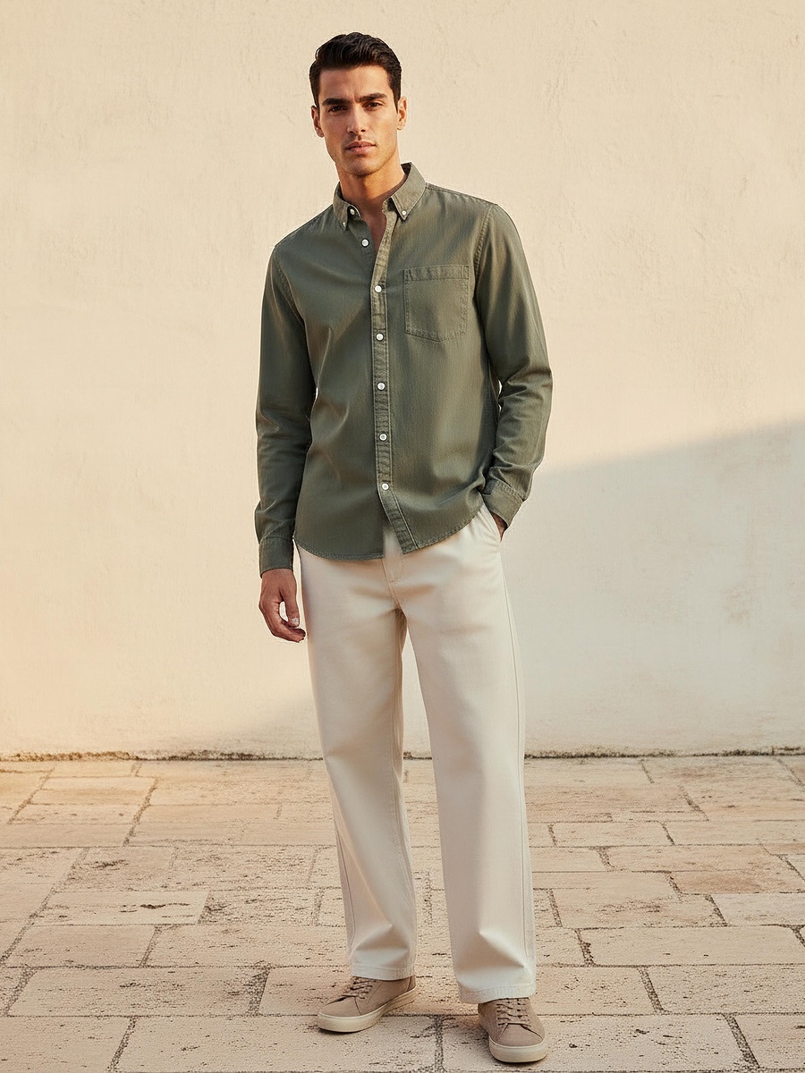 Men Regular Fit Button-Down Collar Long Sleeves Denim Shirt