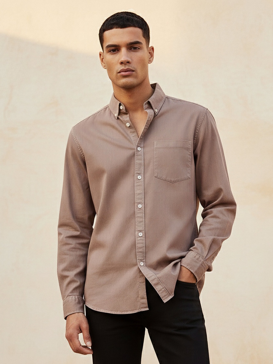 Men Regular Fit Button-Down Collar Long Sleeves Denim Shirt
