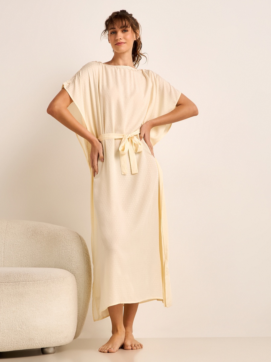 Lace Trim Viscose Kaftan Night Dress with Short Sleeves