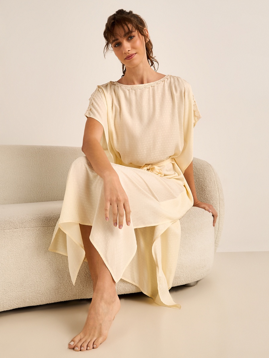 Lace Trim Viscose Kaftan Night Dress with Short Sleeves
