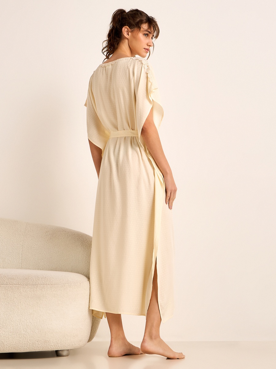 Lace Trim Viscose Kaftan Night Dress with Short Sleeves