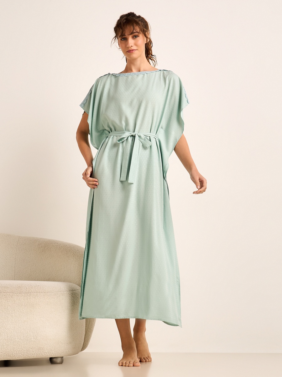 Lace Trim Viscose Kaftan Night Dress with Short Sleeves