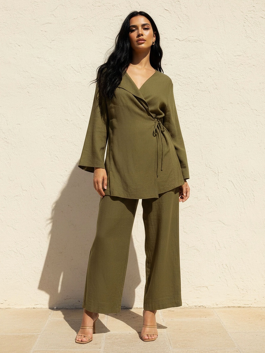 Relaxed Fit Linen Blend Wrap Top with Tie-Up Detail