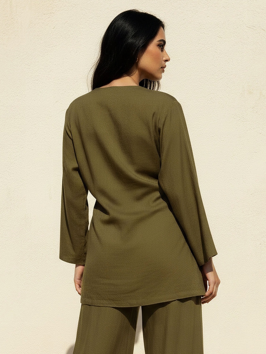 Relaxed Fit Linen Blend Wrap Top with Tie-Up Detail