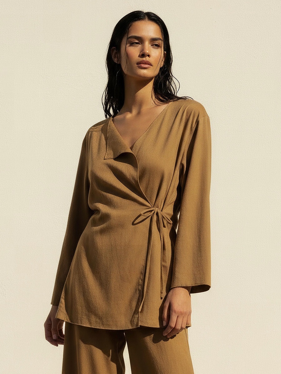 Relaxed Fit Linen Blend Wrap Top with Tie-Up Detail