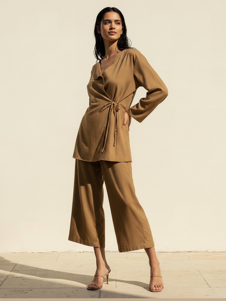 Relaxed Fit Linen Blend Wrap Top with Tie-Up Detail