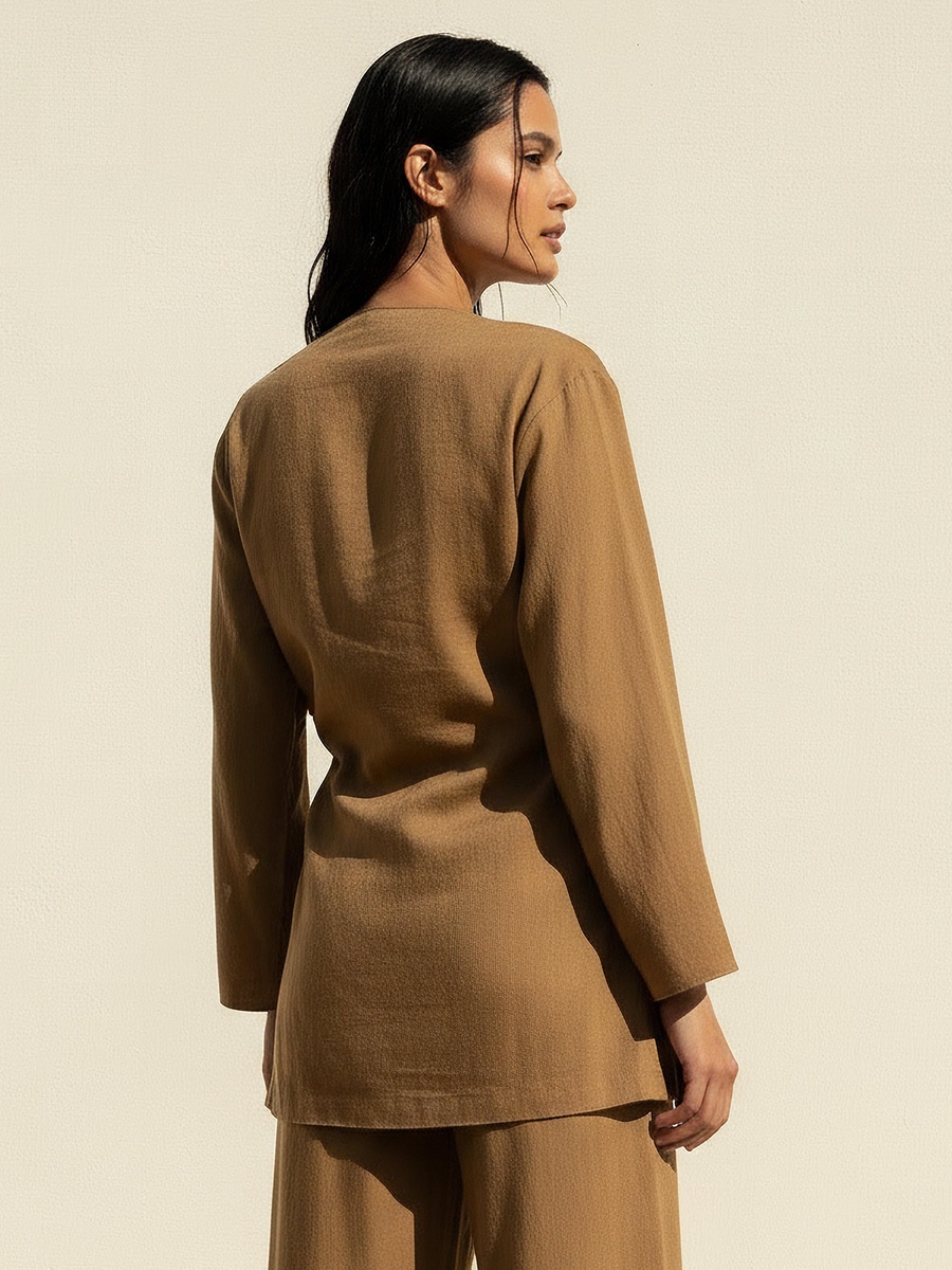 Relaxed Fit Linen Blend Wrap Top with Tie-Up Detail