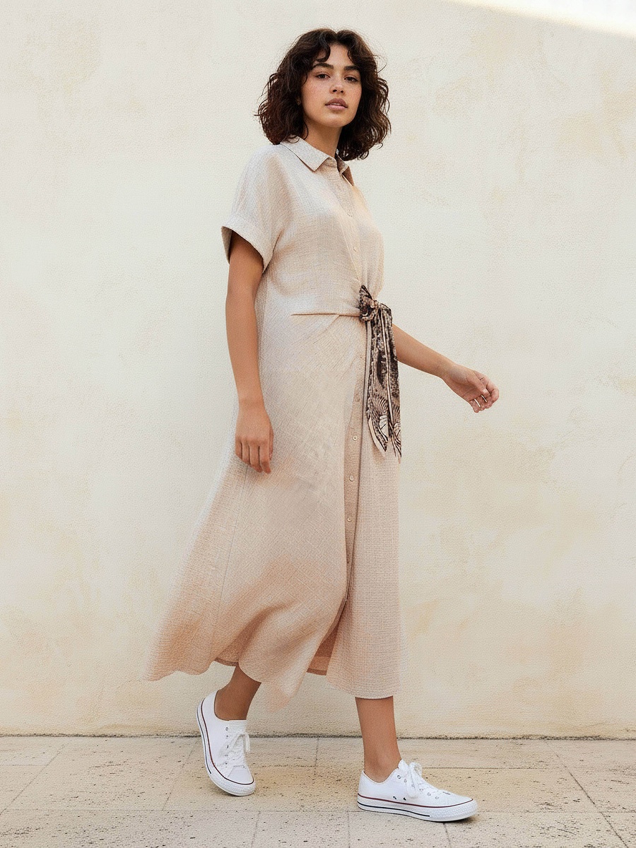 Midi Shirt Dress with Tie-Ups