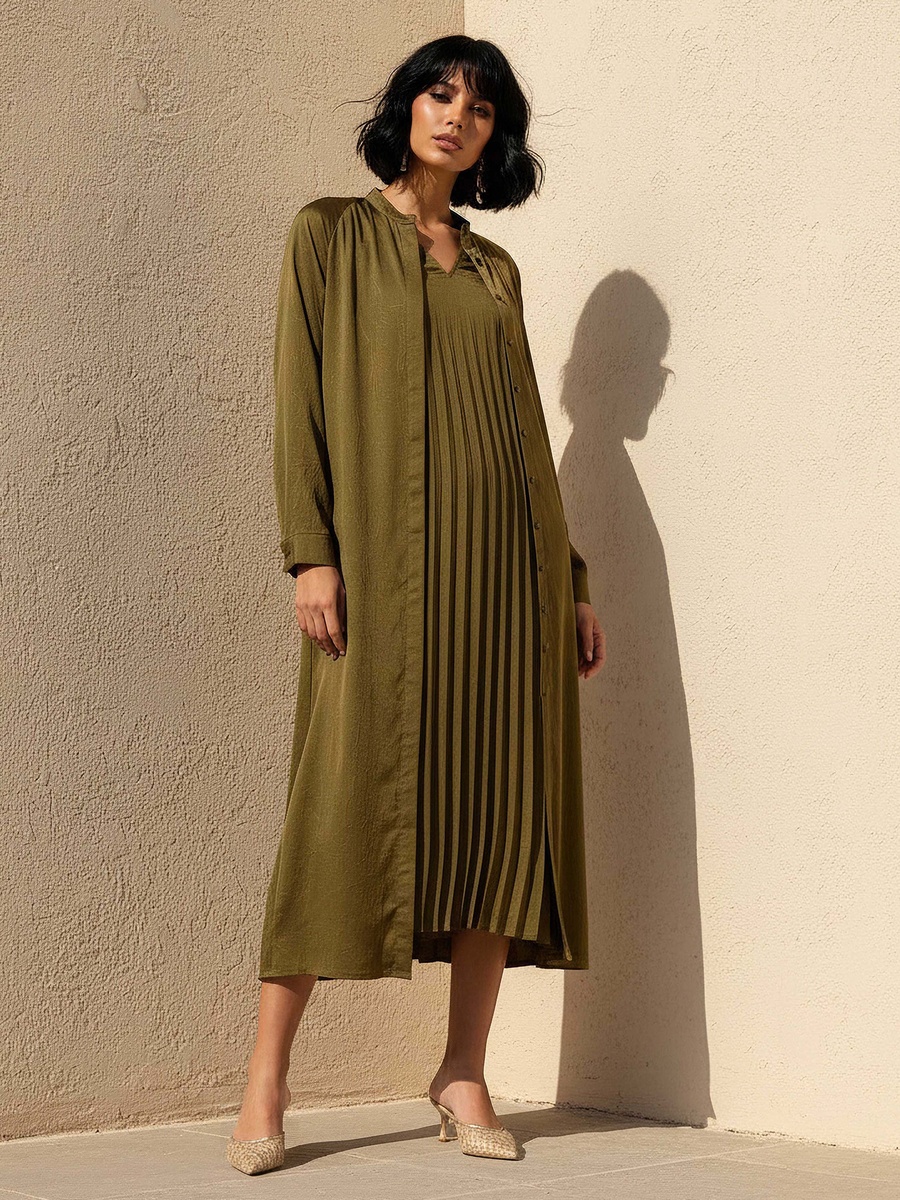 Pleated A-Line Dress with Longline Shrug