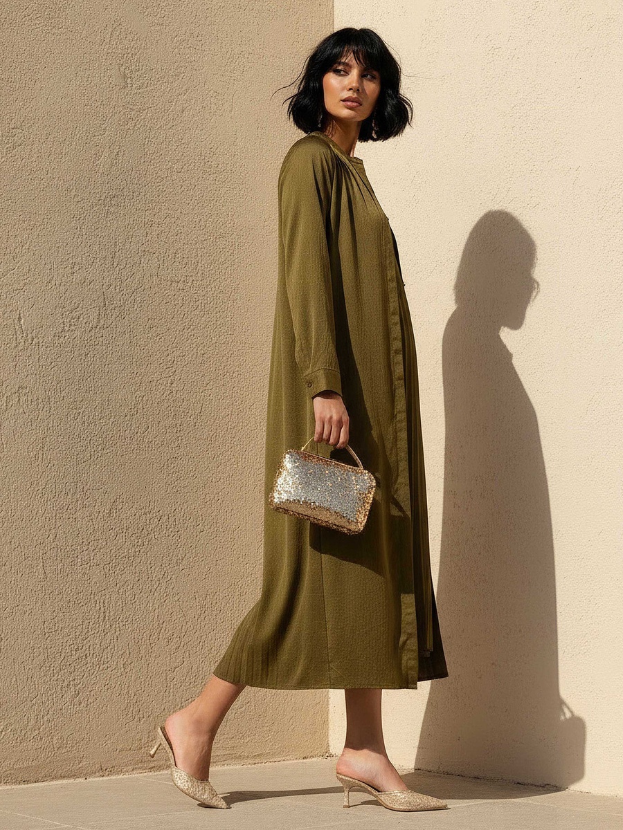 Pleated A-Line Dress with Longline Shrug