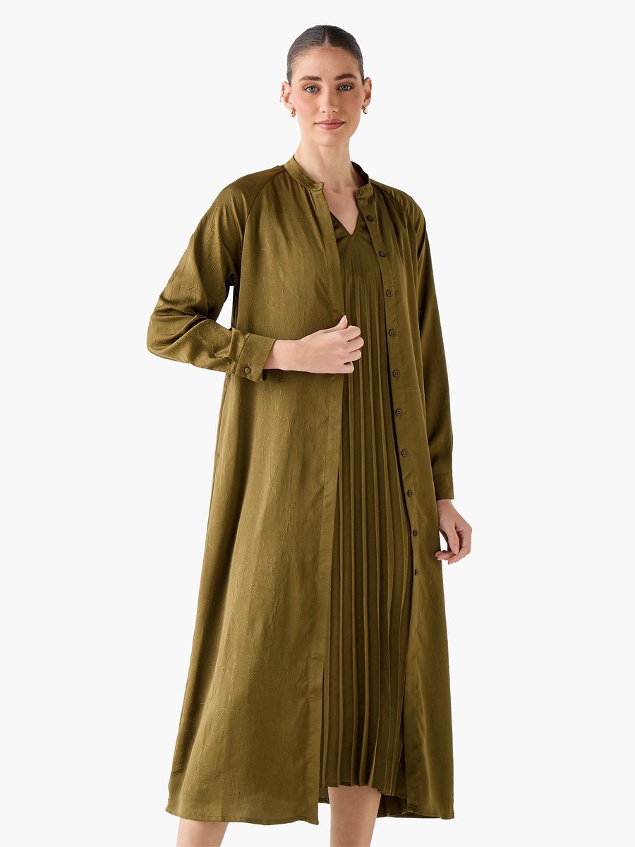 Pleated A-Line Dress with Longline Shrug