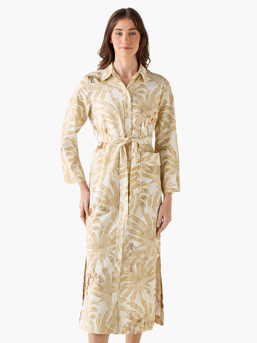 Printed Shirt Dress with Tie-Up Belt