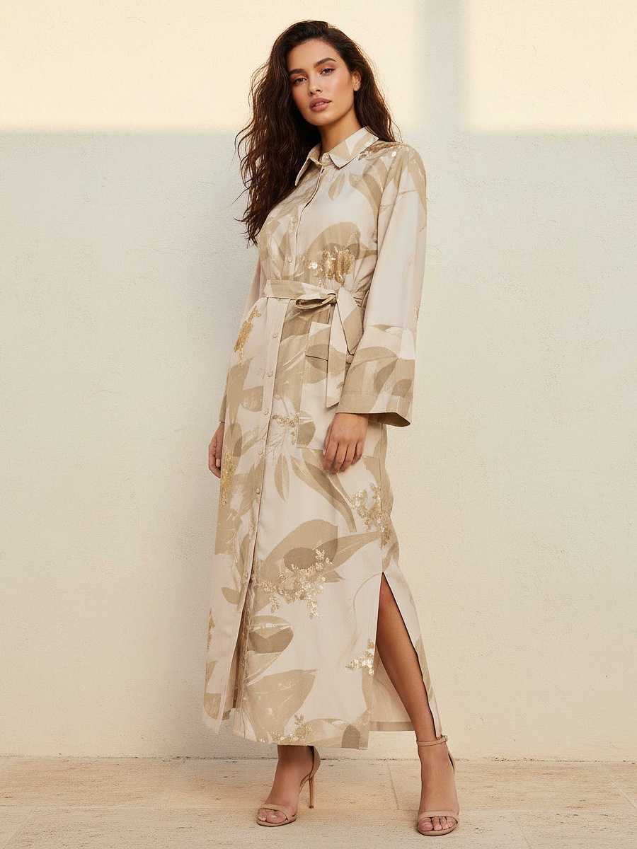 Printed Shirt Dress with Tie-Up Belt