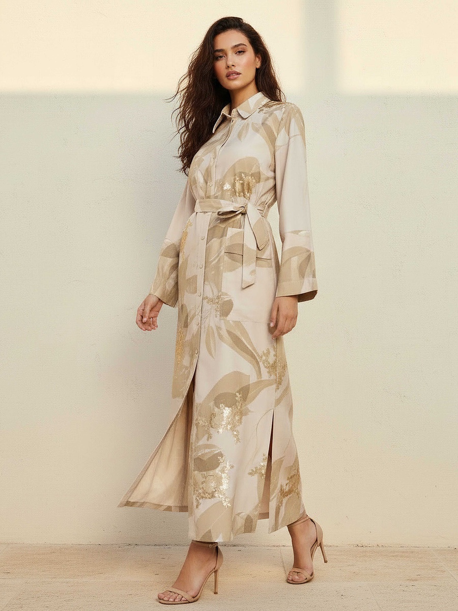 Printed Shirt Dress with Tie-Up Belt