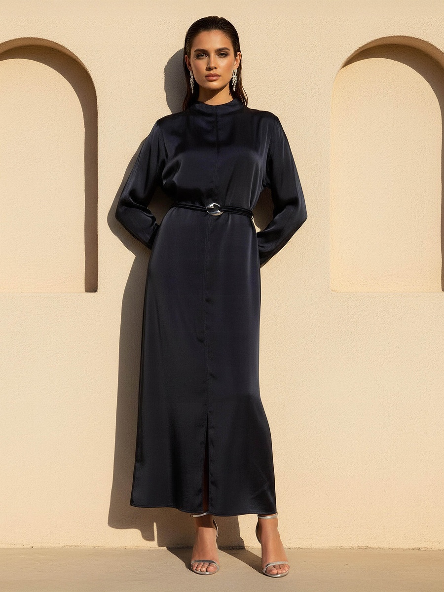 A-Line Midi Satin Dress with Belt Detail