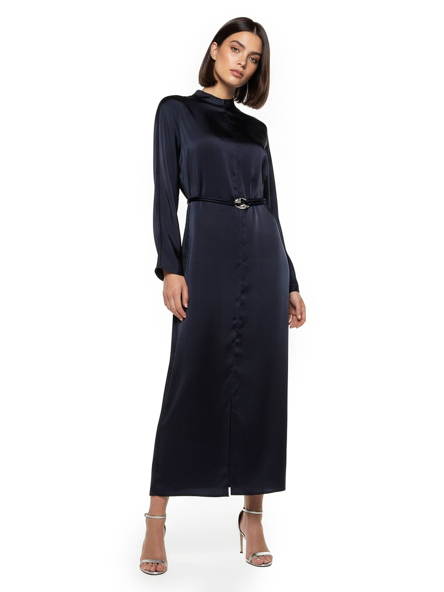 A-Line Midi Satin Dress with Belt Detail