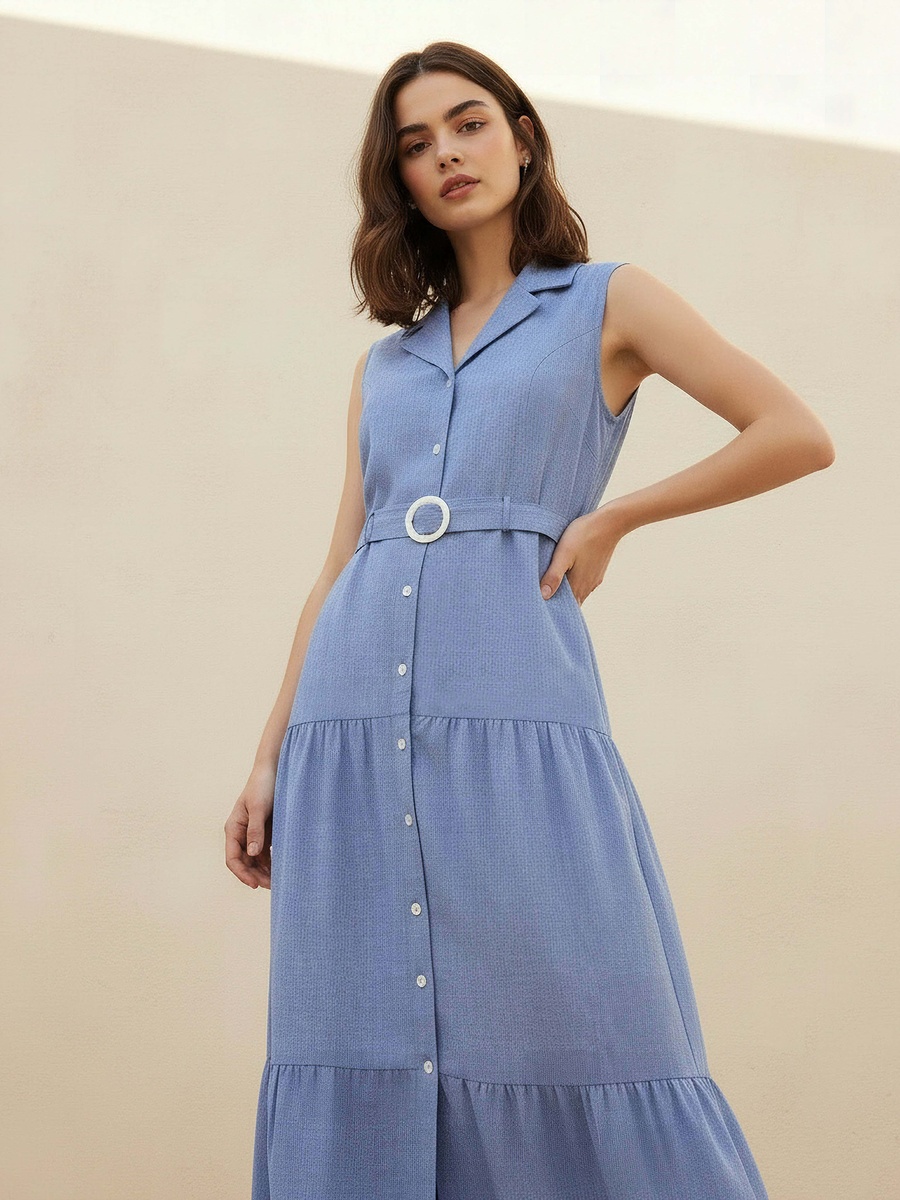 A-Line Maxi Chambray Dress with Belt