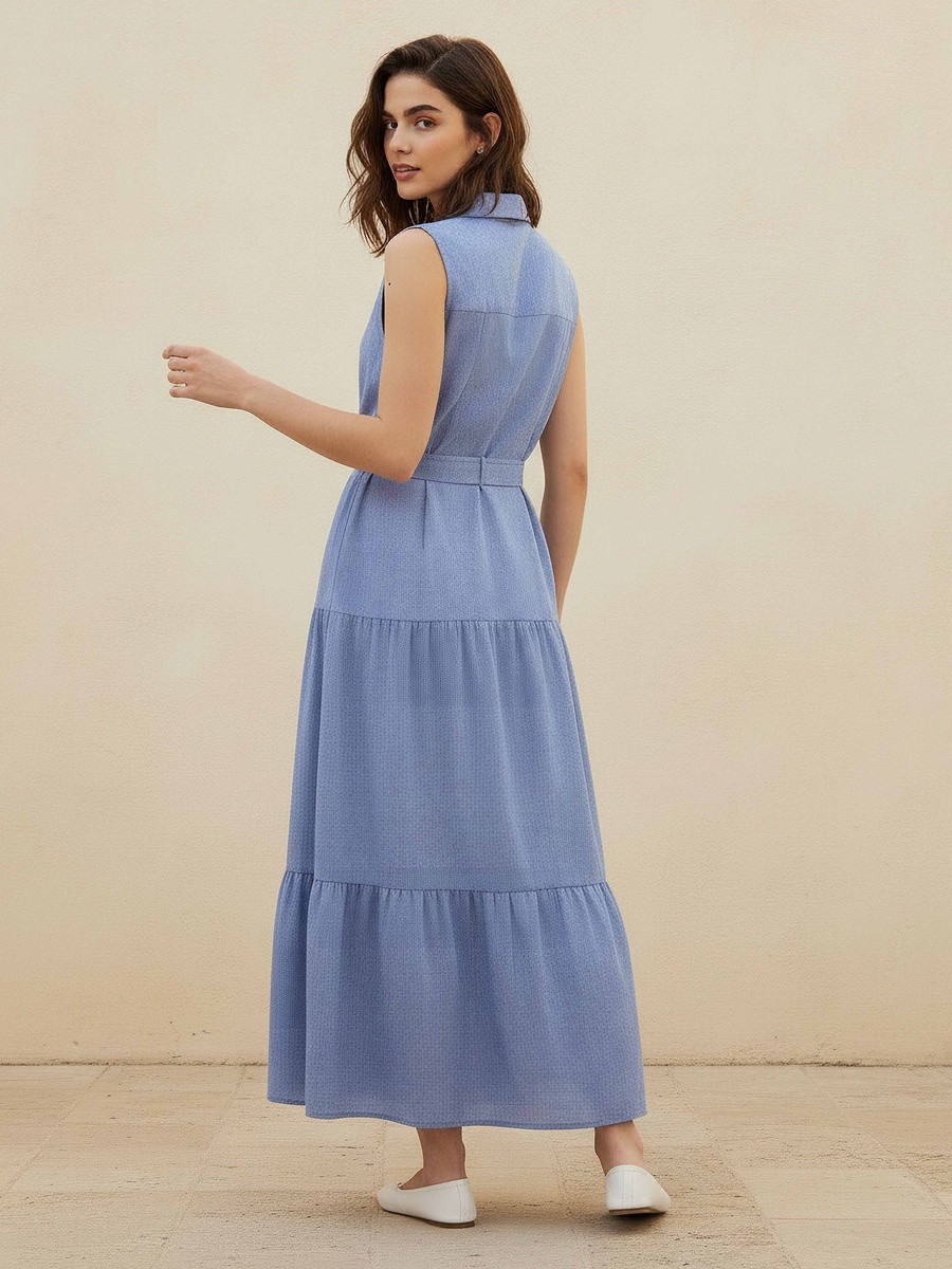 A-Line Maxi Chambray Dress with Belt