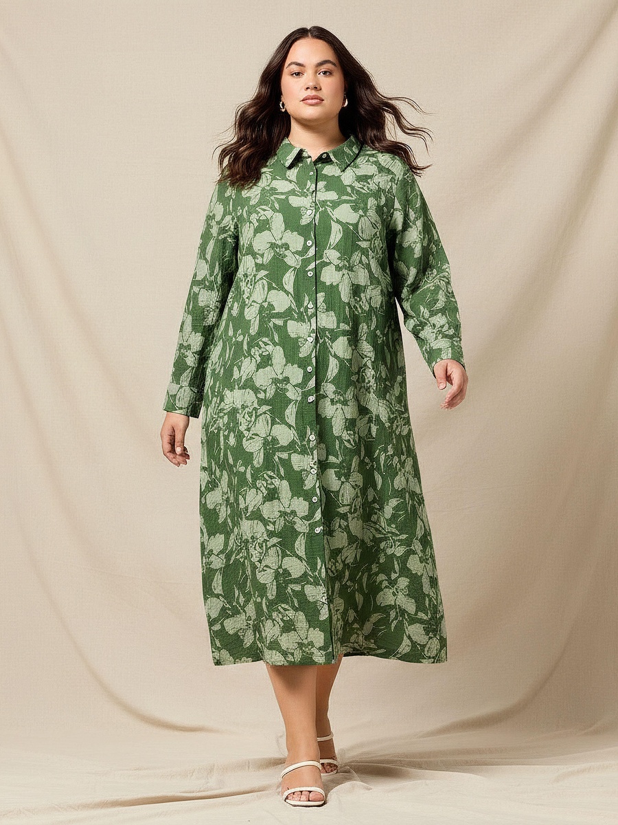 Plus Size Floral Print Shirt Dress with Button-Down Placket