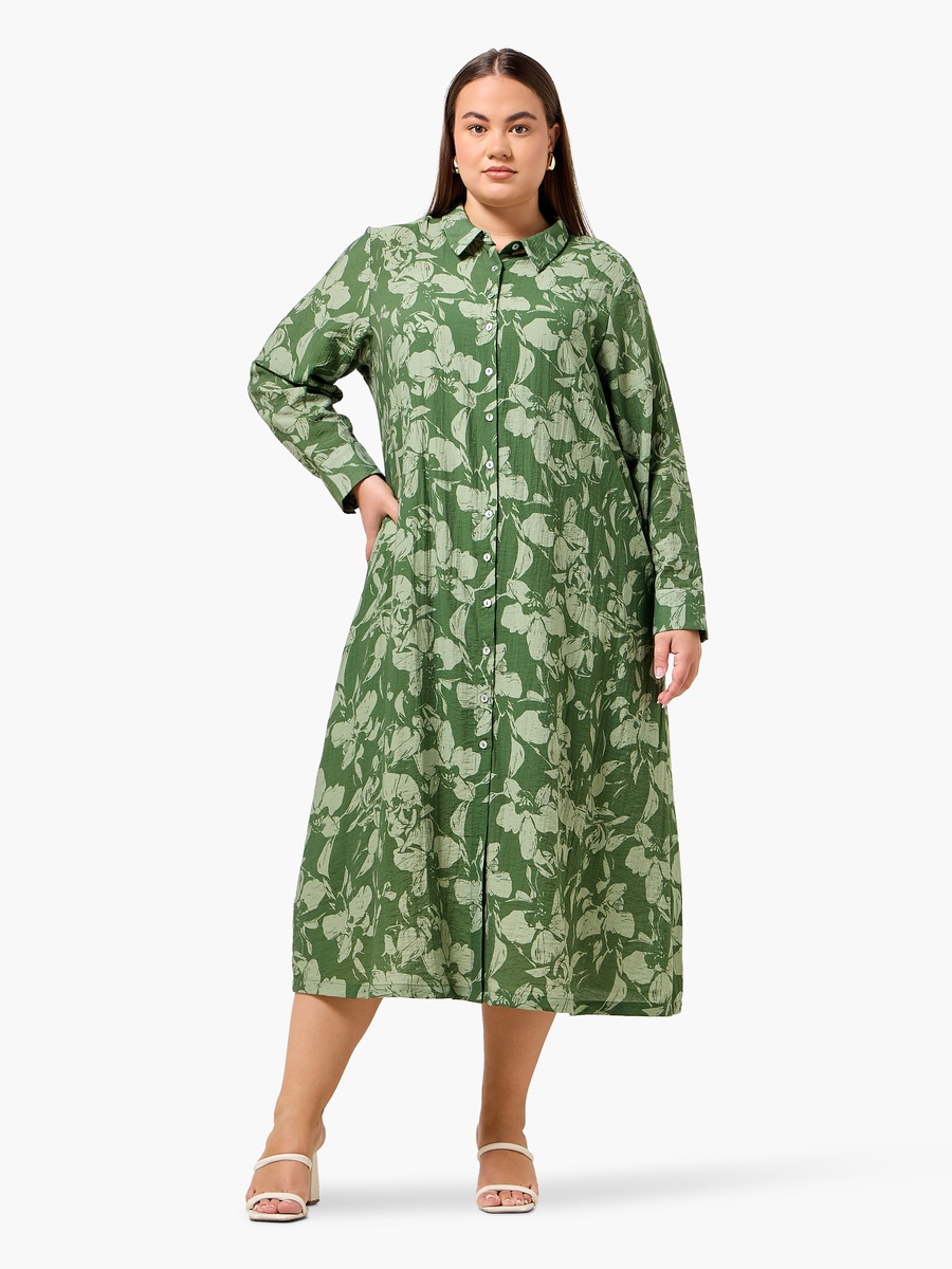 Plus Size Floral Print Shirt Dress with Button-Down Placket