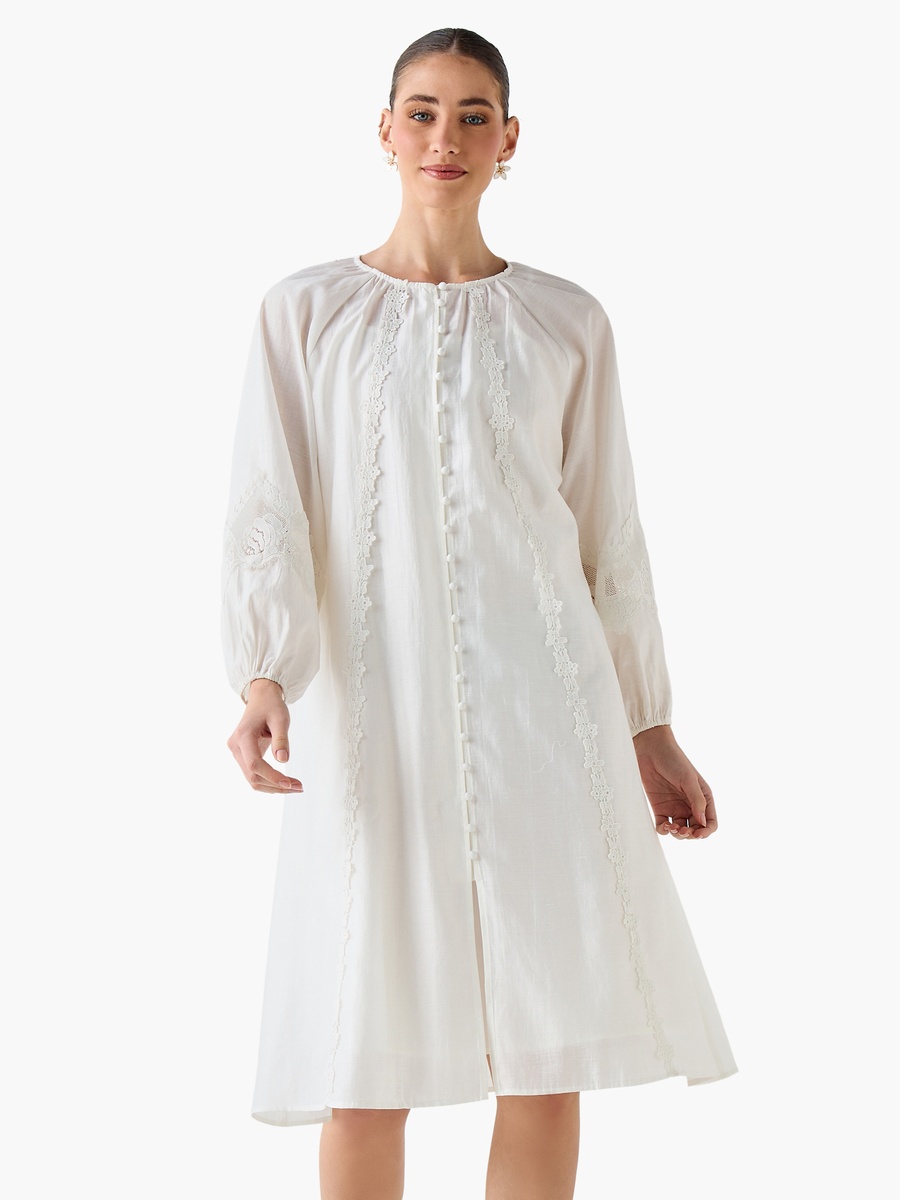 Lace Trim A-Line Dress with Volume Sleeves