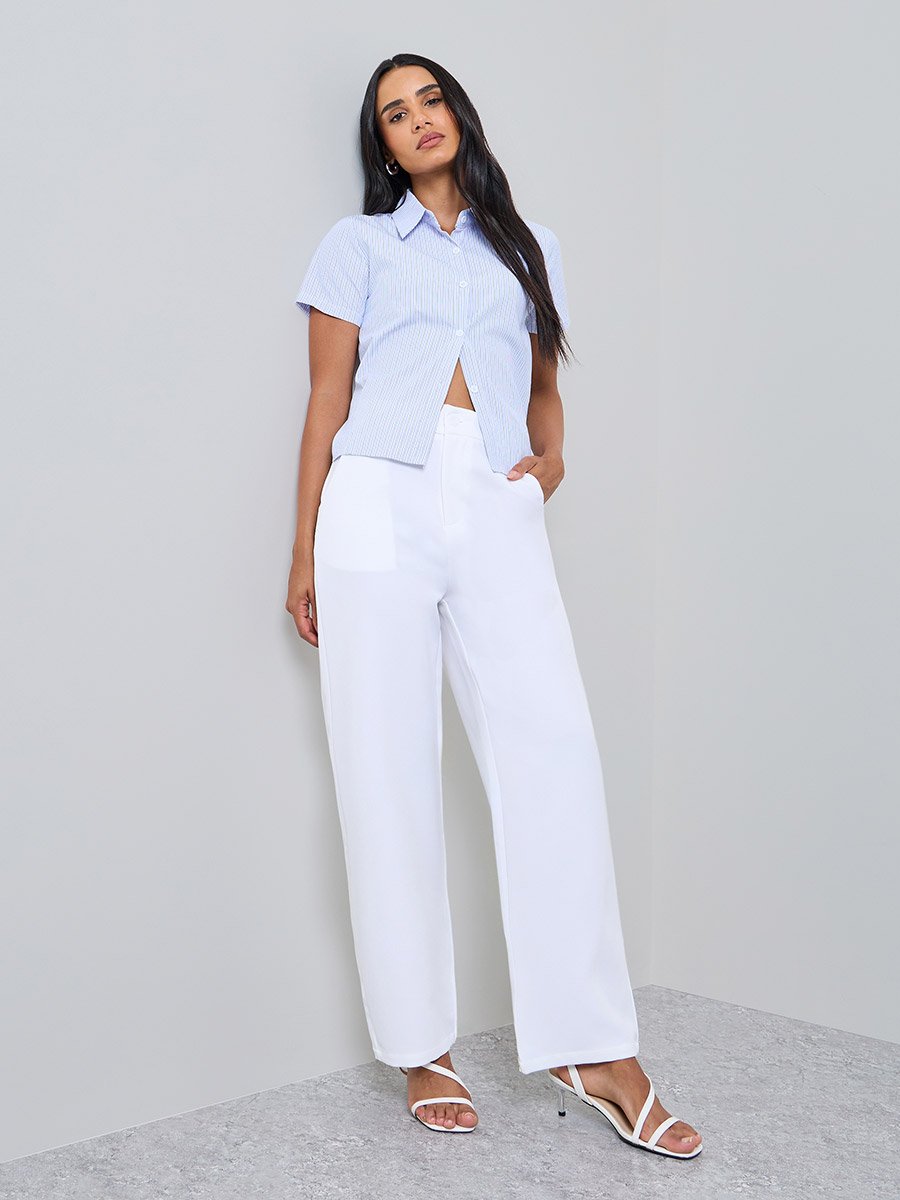 White Solid Slant Pocket Straight Pants
