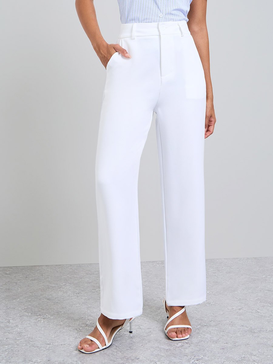 White Solid Slant Pocket Straight Pants