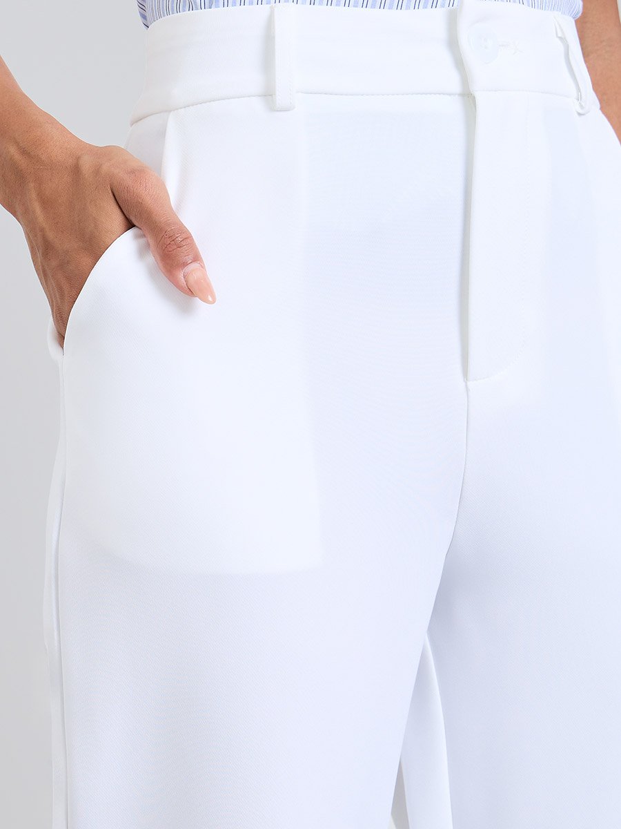 White Solid Slant Pocket Straight Pants