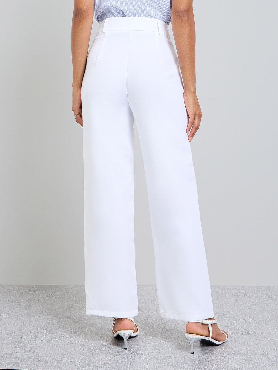 White Solid Slant Pocket Straight Pants