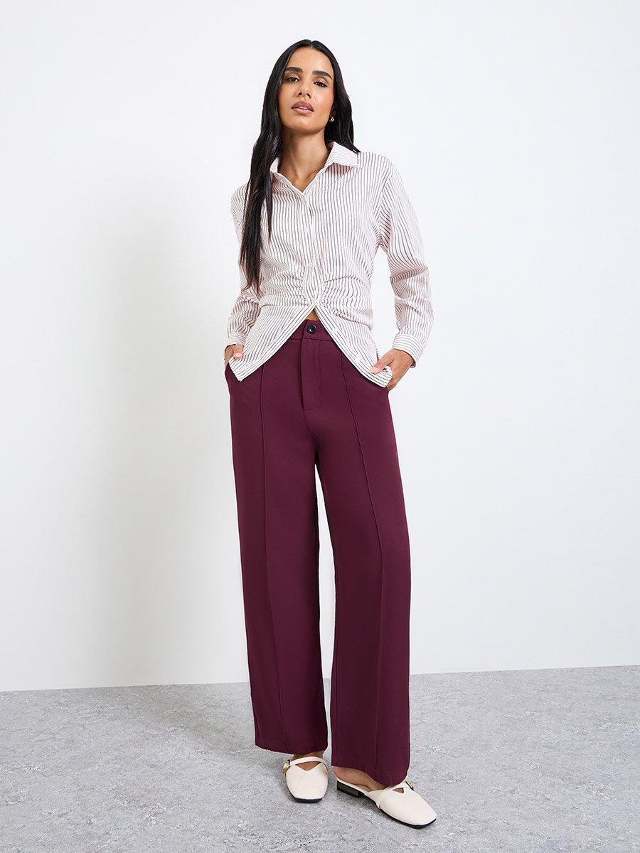 Burgundy Pintuck Detail Wide Leg Pants