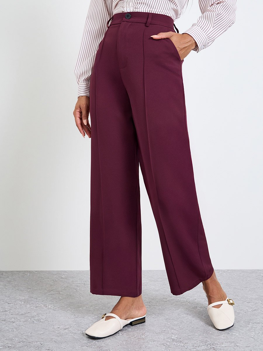 Burgundy Pintuck Detail Wide Leg Pants