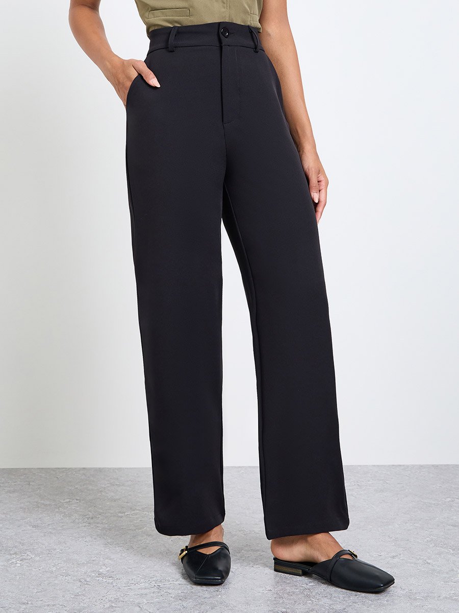 Black Solid Slant Pocket Straight Pants