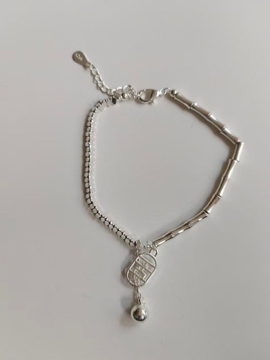 Silver Bamboo Bangle Bracelet with Charm