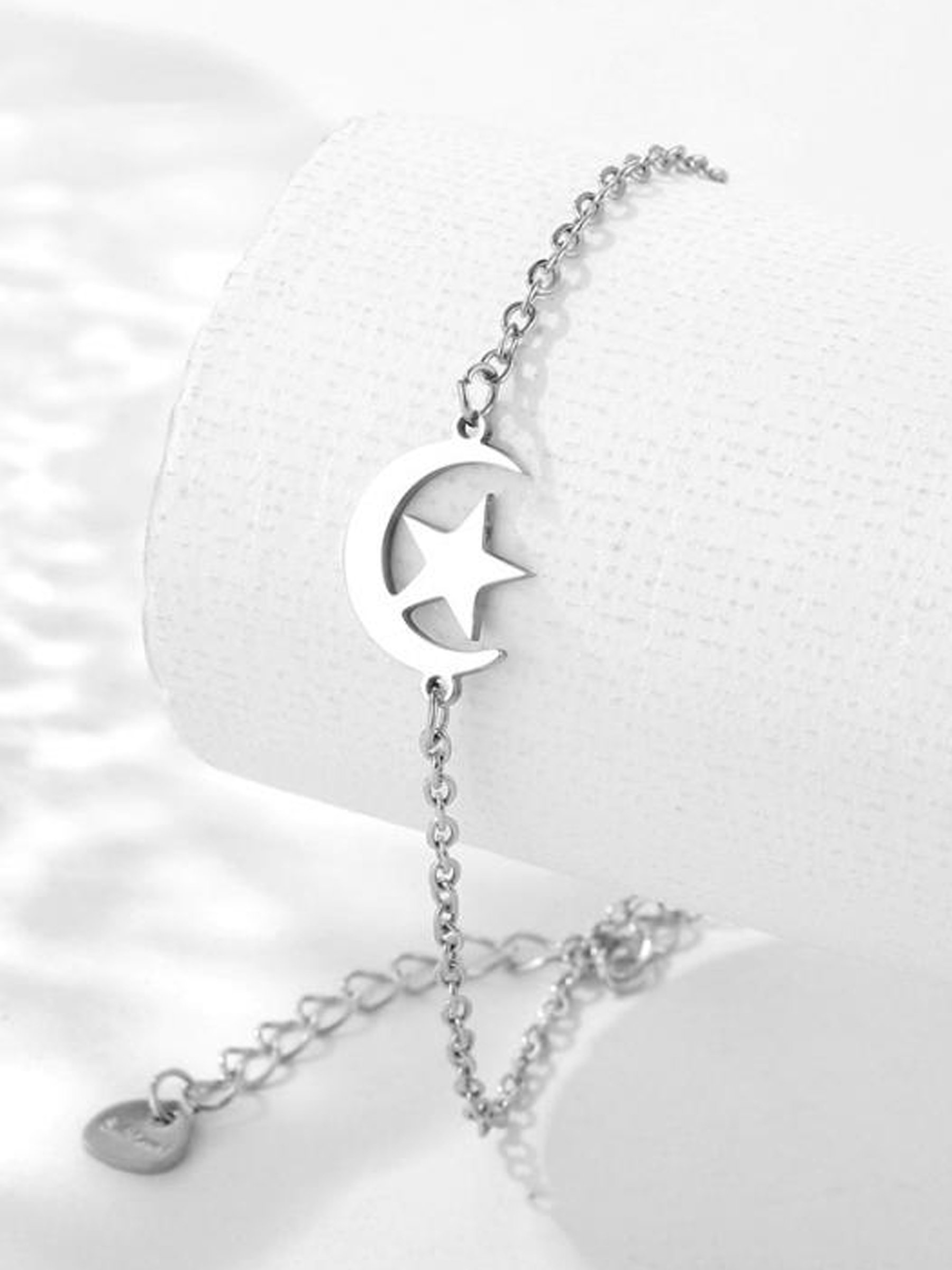 Silver Crescent Moon and Star Bracelet