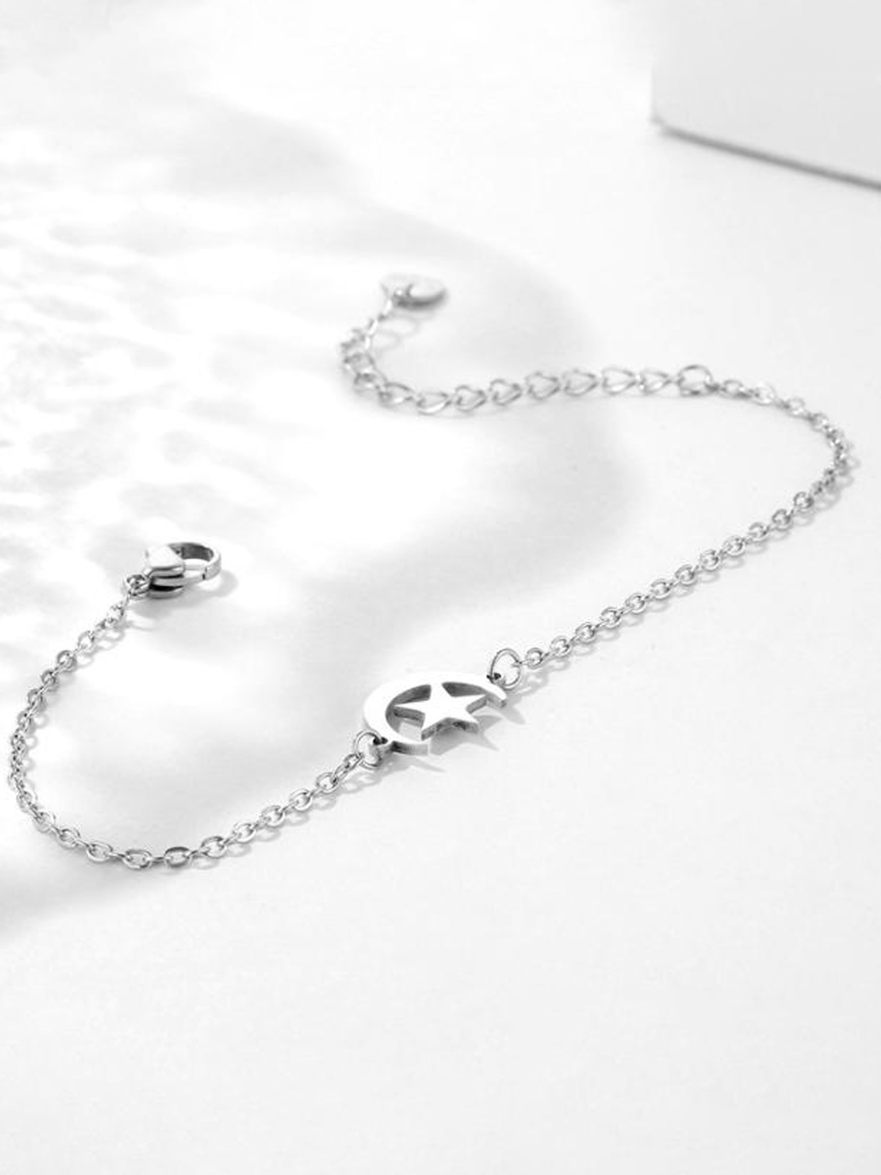 Silver Crescent Moon and Star Bracelet