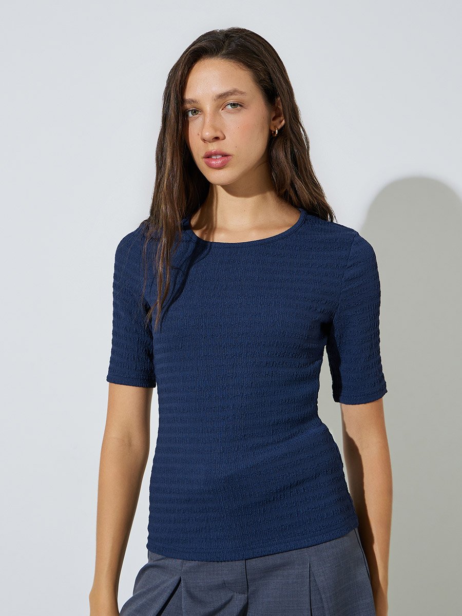 Navy Blue Textured Short Sleeve Knit Top