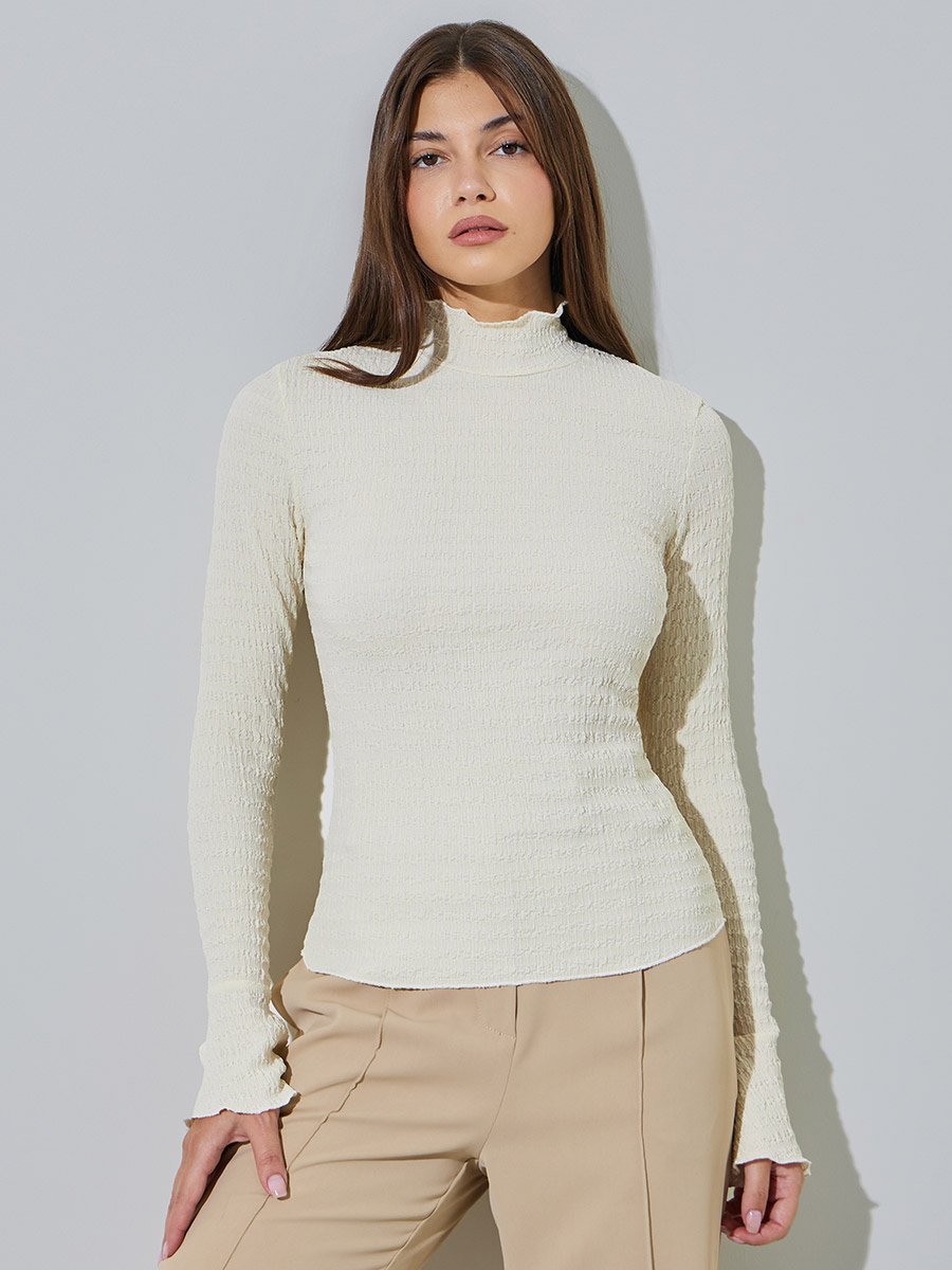 Cream Textured High Neck Knit Top