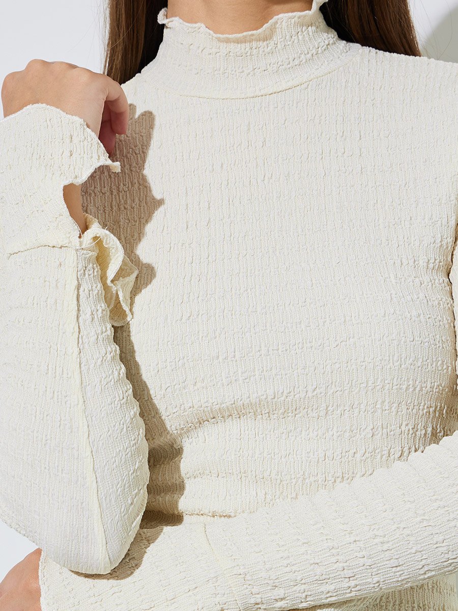 Cream Textured High Neck Knit Top
